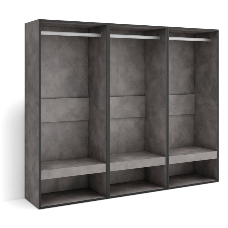 foto del prodotto armadio aperto, appendiabiti con ripiani, 180x145x35 cm, camera da letto, stanza, vestiti, scarpe, stile moderno, grigio cemento skraut home