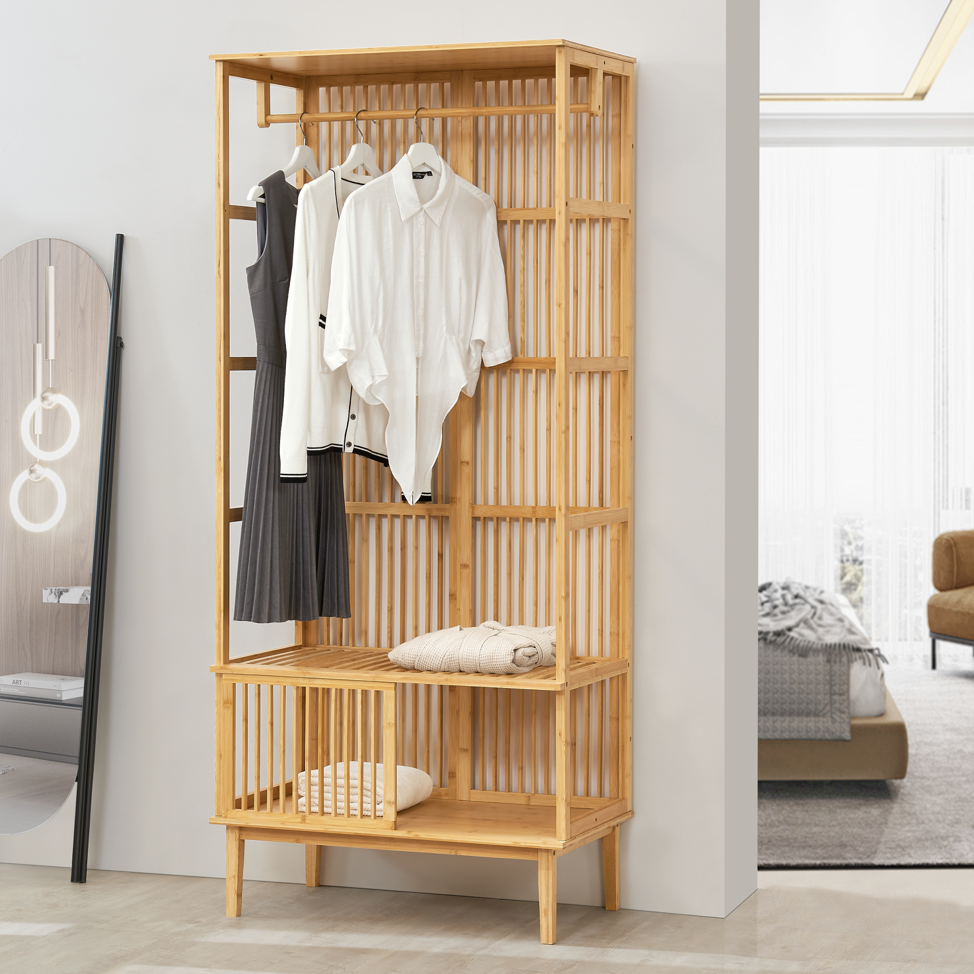 foto del prodotto armadio aperto vemb per guardaroba 185x80x45 cm porta abiti in bamb color naturale en.casa 