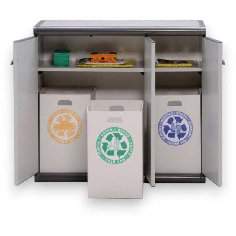 foto del prodotto armadio basso per secchi raccolta differenziata 3 ante in resina scik cm 93,6x39x86h
