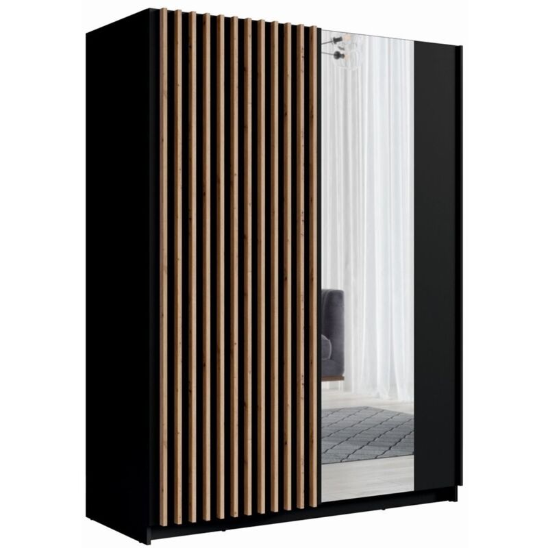 foto del prodotto armadio con 2 porte scorrevoli e specchio 200 cm nero e rovere collezione strano