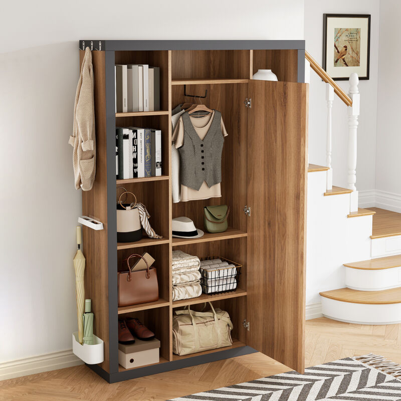 foto del prodotto armadio con specchio, scomparti multipli, appendiabiti, vetrina, libreria, ganci laterali, 115x30x165cm, marrone
