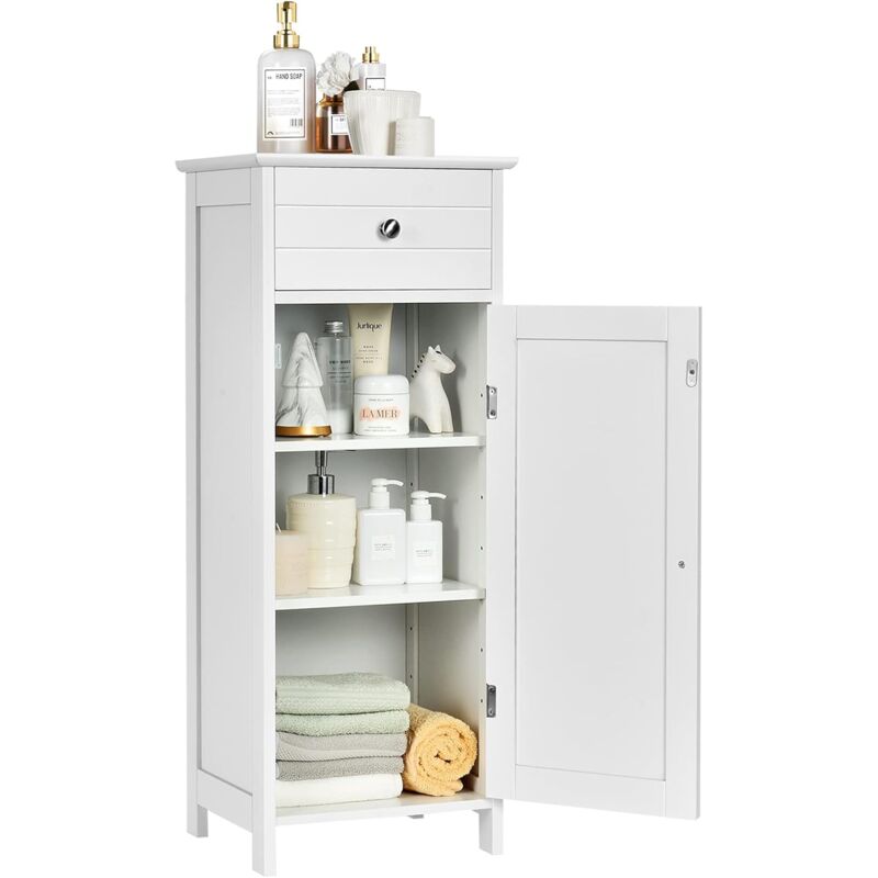 foto del prodotto armadio da bagno con cassetto e 2 ripiani, con anta antipolvere, armadietto per bagno, altezza del ripiani regolabile, in legno, 35x30x87 cm bianco 