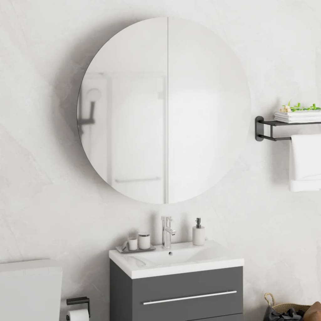 foto del prodotto armadio da bagno con specchio rotondo e led grigio 54x54x17,5cmcod mxl 127239
