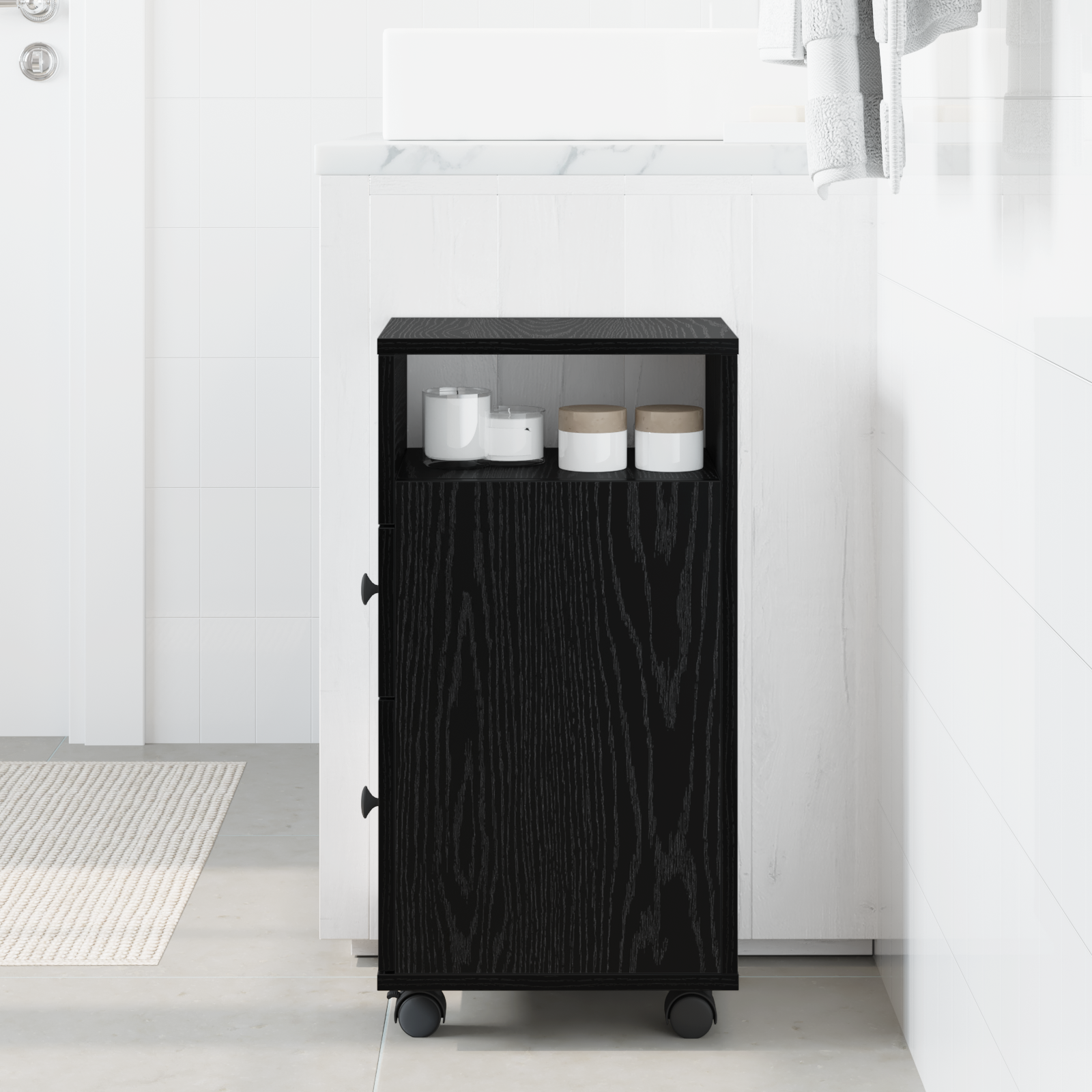 foto del prodotto armadio da bagno slim con ruote in rovere nero in legno ingegnerizzato