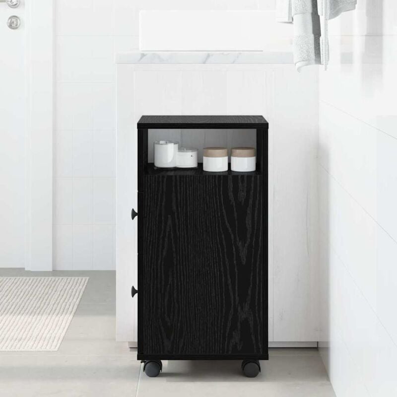 foto del prodotto armadio da bagno slim con ruote in rovere nero in legno ingegnerizzato vidaxl