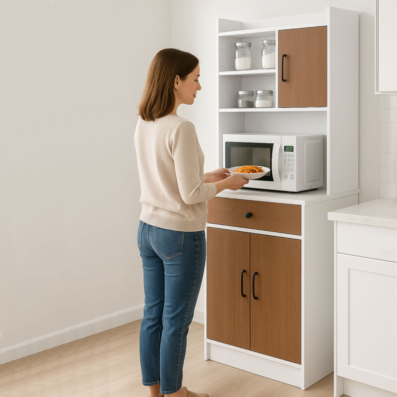foto del prodotto armadio da cucina alto credenza multiuso mobile salvaspazio bianco e quercia
