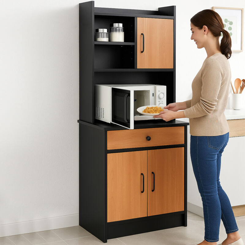 foto del prodotto armadio da cucina alto credenza multiuso mobile salvaspazio nero e quercia