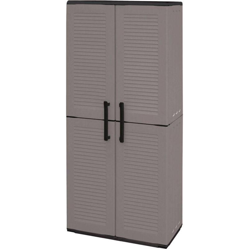 foto del prodotto armadio da esterno arabel, mobile porta scope multiuso, armadietto outdoor 2 ante, 100 made in italy, finitura righe, 68x37h163 cm, grigio e nero