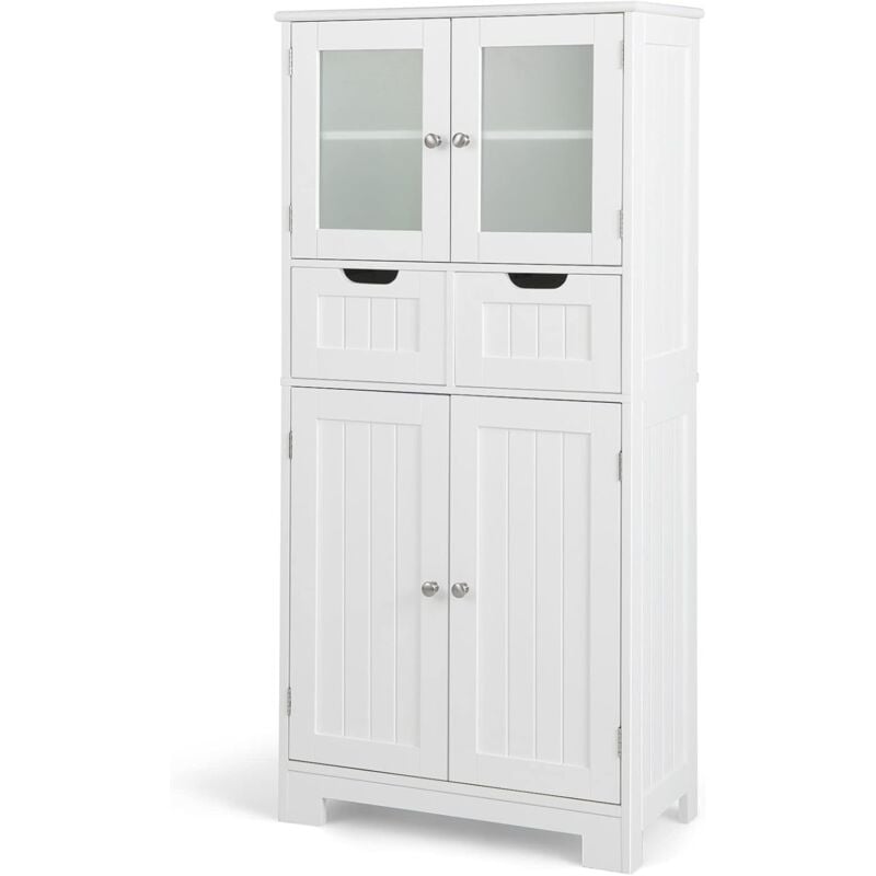 foto del prodotto armadio da terra con 4 ante, mobile da bagno con 2 ante in vetro 2 cassetti e ripiani regolabili, armadio multifunzionale per bagno cucina e