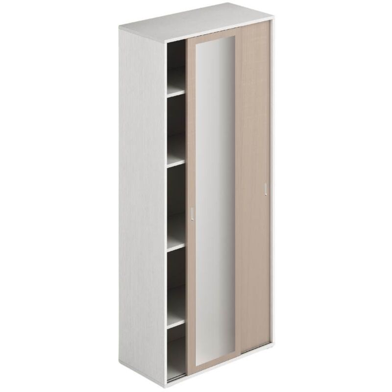 foto del prodotto armadio due ante con specchio scorrevoli 90x43x212h con ripiani colore bianco frassinato e olmo