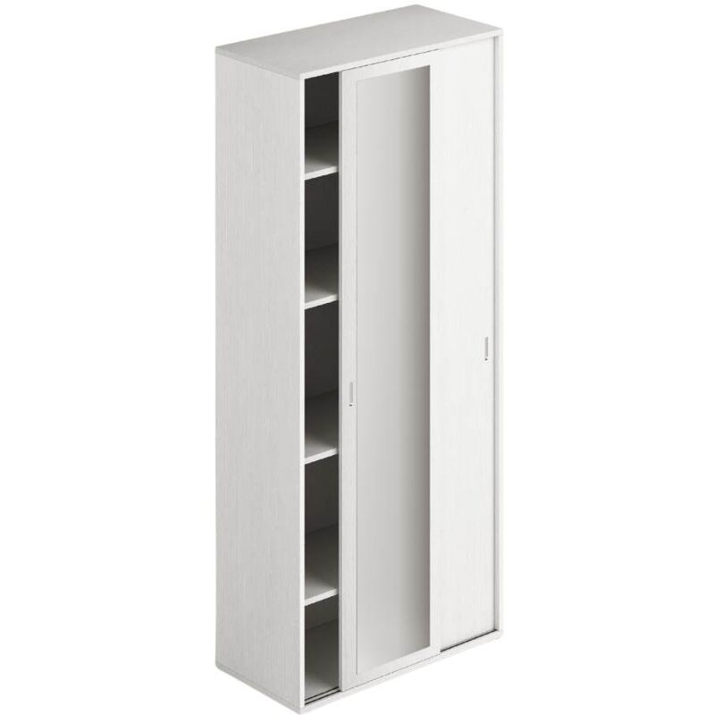 foto del prodotto armadio due ante scorrevoli 90x43x212h con ripiani e specchio colore bianco frassinato