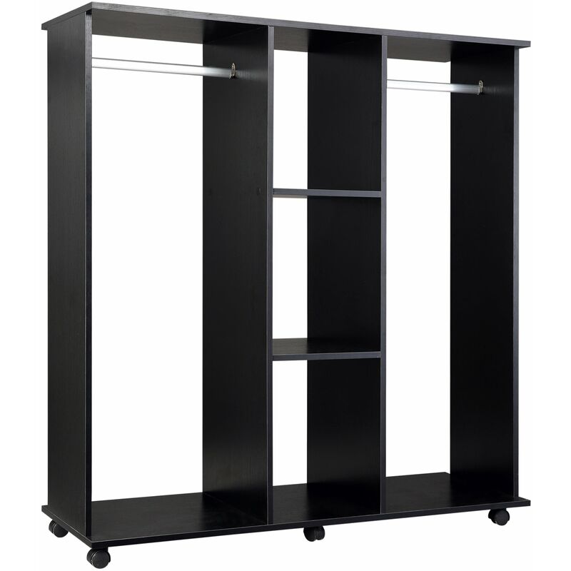 foto del prodotto armadio guardaroba a 5 ripiani con ruote e barre appendiabiti in legno e alluminio nero 120x40x128 cm