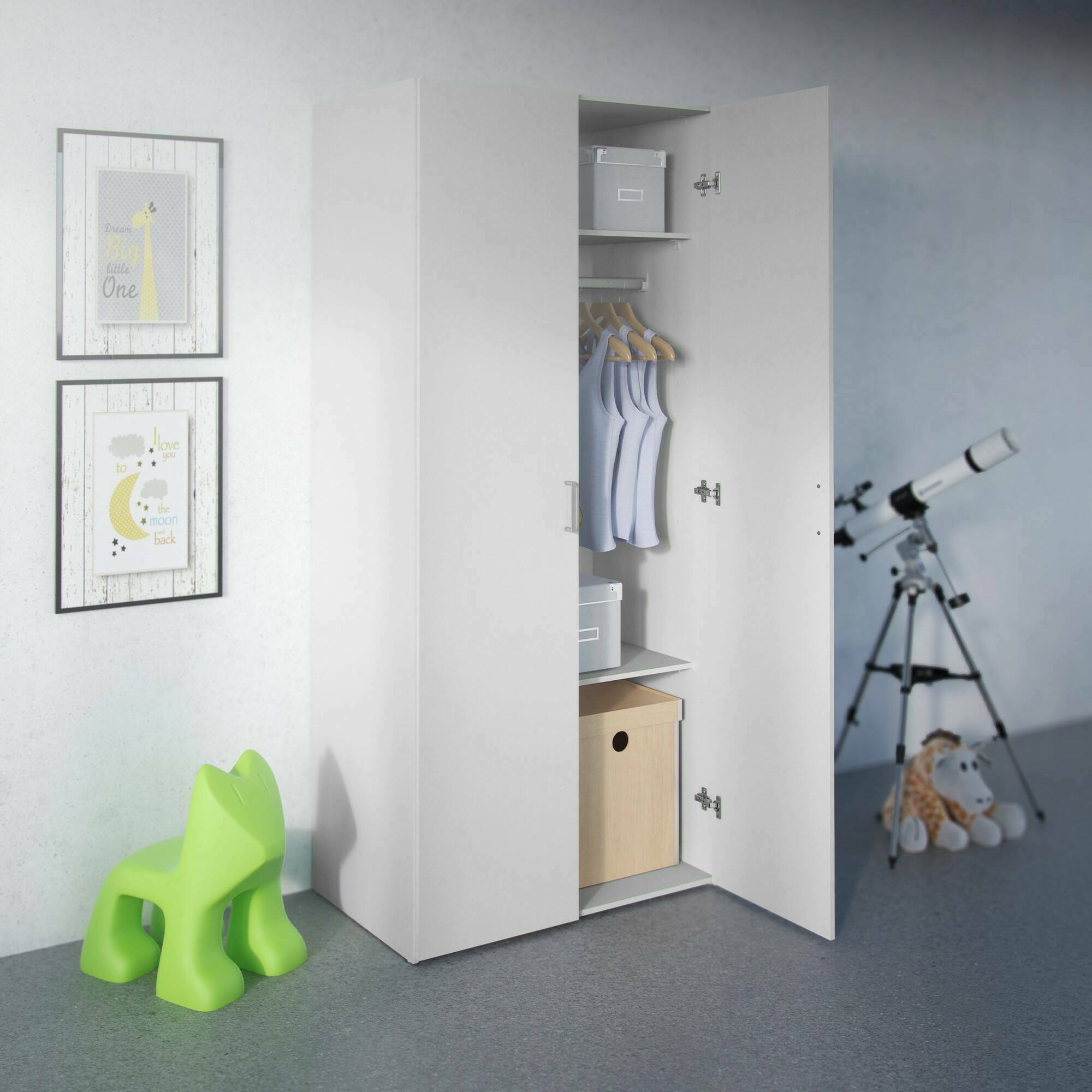 foto del prodotto armadio guardaroba a due ante battenti con due ripiani interni e barra alibabba, colore bianco, misure 77 x 175 x 49 cm