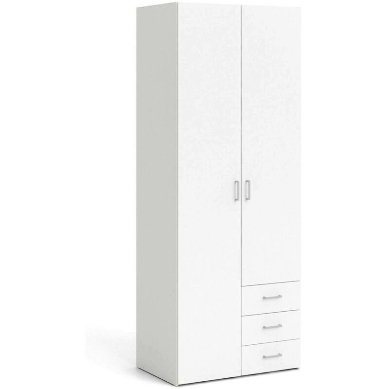 foto del prodotto armadio guardaroba a due ante e tre cassetti, colore bianco, misure 77 x 200 x 49,5 cm, con imballo rinforzato dmora