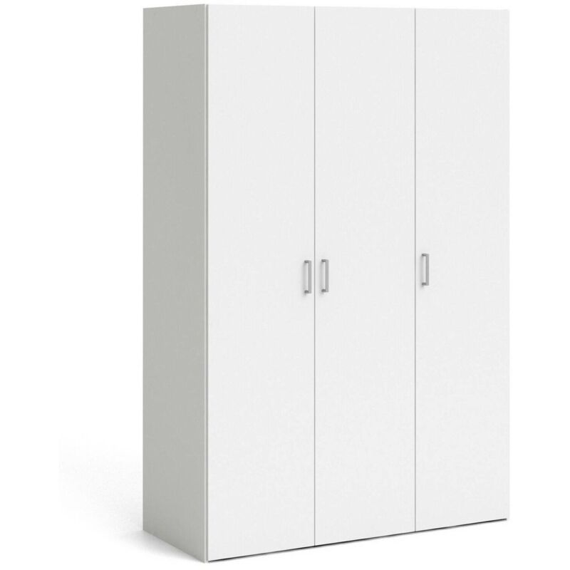 foto del prodotto armadio guardaroba a tre ante battenti con quattro ripiani interni e barra appendiabiti, colore bianco, misure 115 x 175 x 49 cm, con imballo