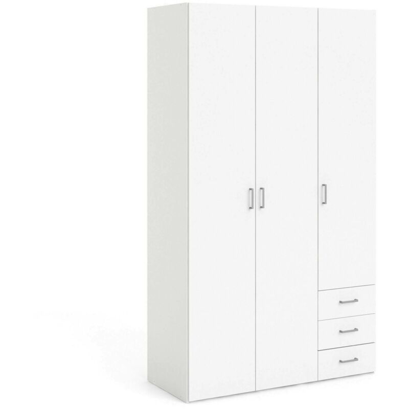 foto del prodotto armadio guardaroba a tre ante e tre cassetti, colore bianco, misure 115 x 200 x 49 cm, con imballo rinforzato dmora