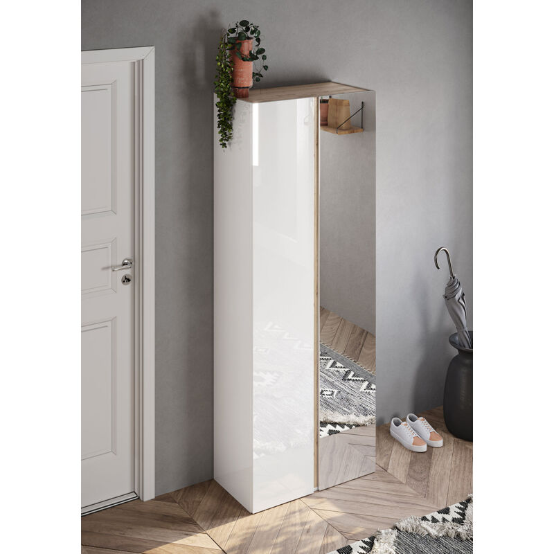 foto del prodotto armadio guardaroba con anta a specchio e ripiani 70x35x185 cm frame bianco lucido e cadiz