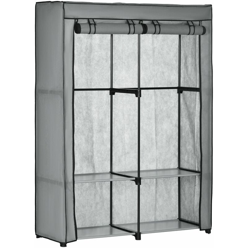 foto del prodotto armadio guardaroba da campeggio 118x49x170 cm 4 ripiani aperti e 2 appendini in tessuto non tessuto grigio