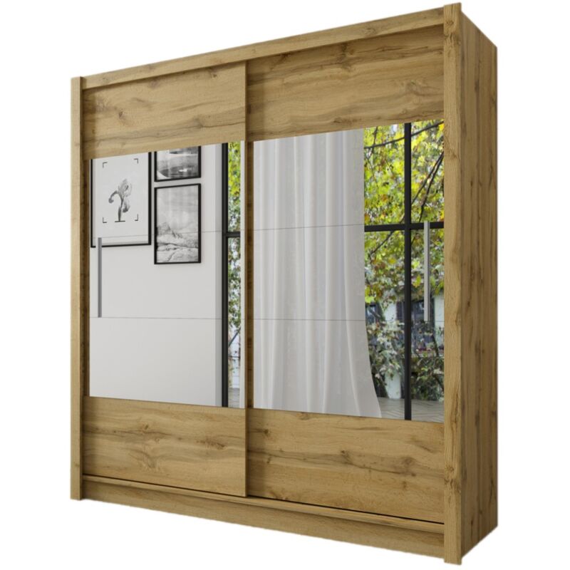foto del prodotto armadio, guardaroba rome 180 cm con due porte e specchio, completo di guardaroba con appendiabiti e scaffali, quercia wotan.