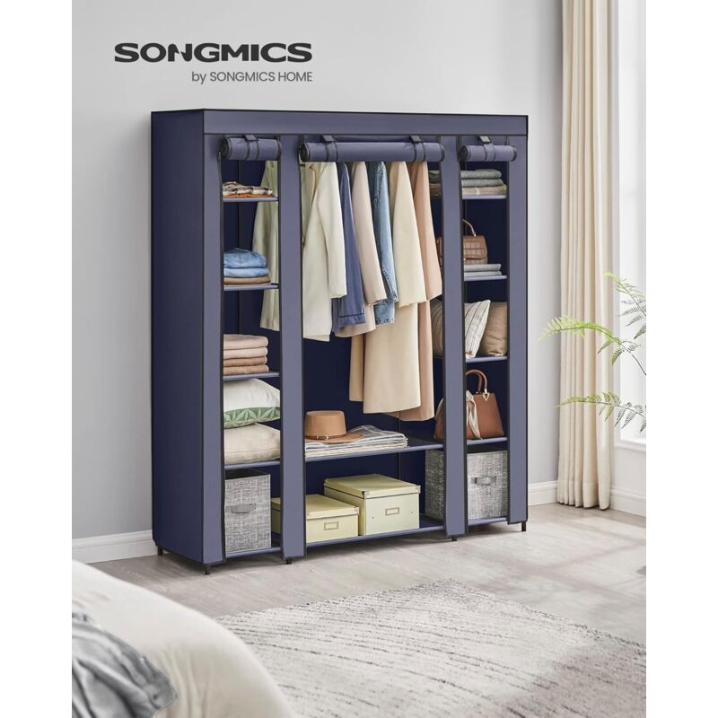 foto del prodotto armadio in tessuto non tessuto pieghevole, 45 x 150 x 175 cm, con 12 ripiani, struttura in metallo, per camera da letto, blu marino songmics