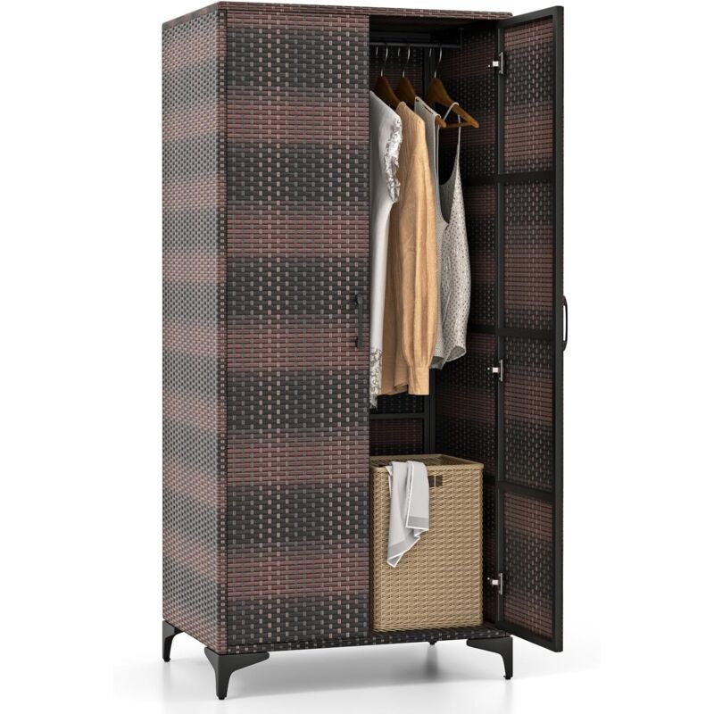 foto del prodotto armadio in vimini con 2 ante, armadio guardaroba in rattan pe con asta appendiabiti e 4 cubi di stoccaggio, per soggiorno, camera da letto e patio,