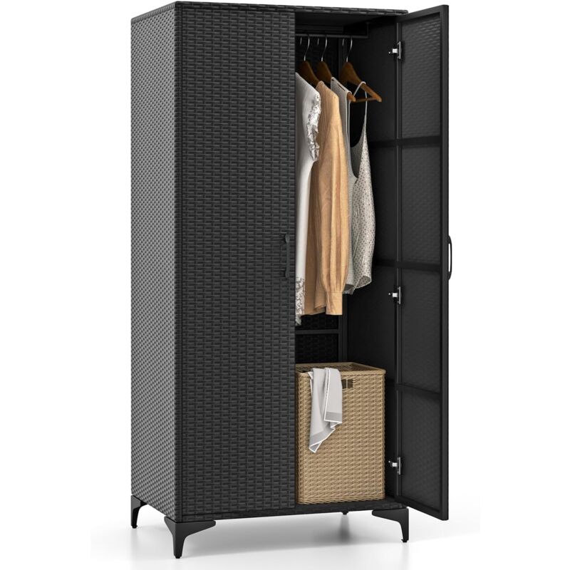 foto del prodotto armadio in vimini con 2 ante, armadio guardaroba in rattan pe con asta appendiabiti e 4 cubi di stoccaggio, per soggiorno, camera da letto e patio,