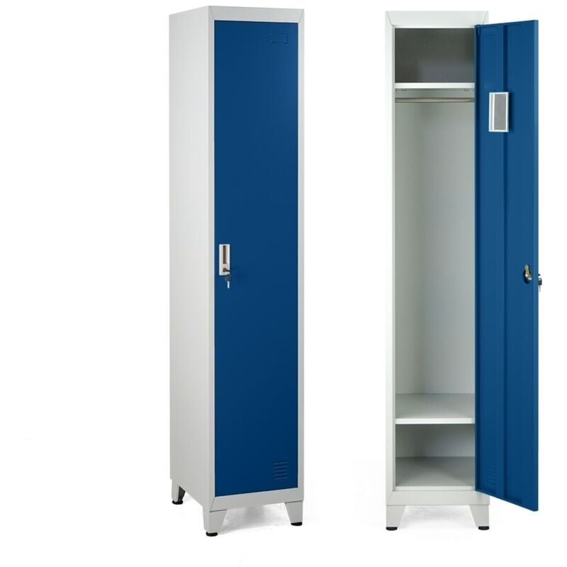 foto del prodotto armadio metallico 1 anta blu appendiabiti e ripiano superiore ed inferiore