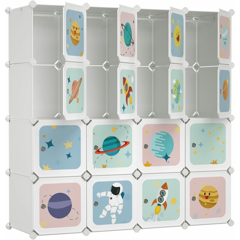 foto del prodotto armadio modulare per bambini, guardaroba in plastica, organizzatore a 16 scomparti, 4 barre di sospensione, 123 x 41 x 123 cm, bianco