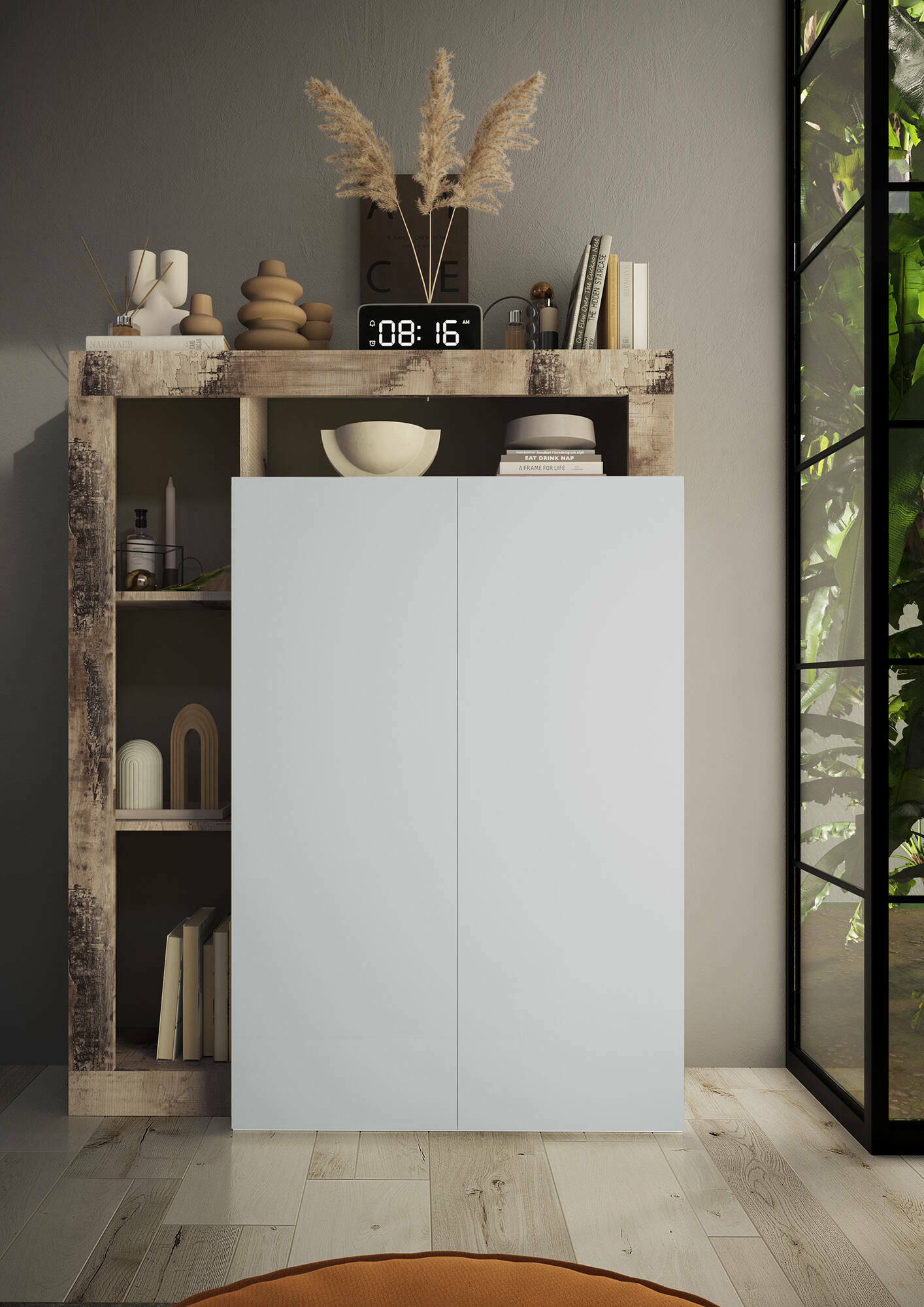 foto del prodotto armadio multiuso 2 ante cipresso, mobile multifunzionale, mobiletto scarpiera, porta scarpe, made in italy, 78x35 h116 cm, bianco lucido e rovere
