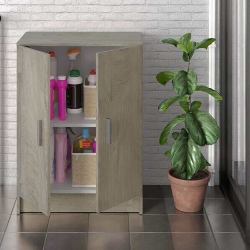 foto del prodotto armadio multiuso 2 ante salvaspazio 3 ripiani mobile in legno per ingresso, cucina rovere brown zik