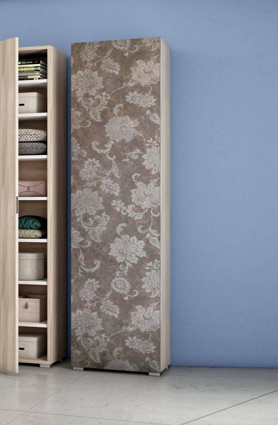 foto del prodotto armadio multiuso abuela, mobile lineare a 1 anta e 7 ripiani, colonna da ingresso o bagno, scarpiera moderna, made in italy, cm 50x30h182, olmo e fantasia