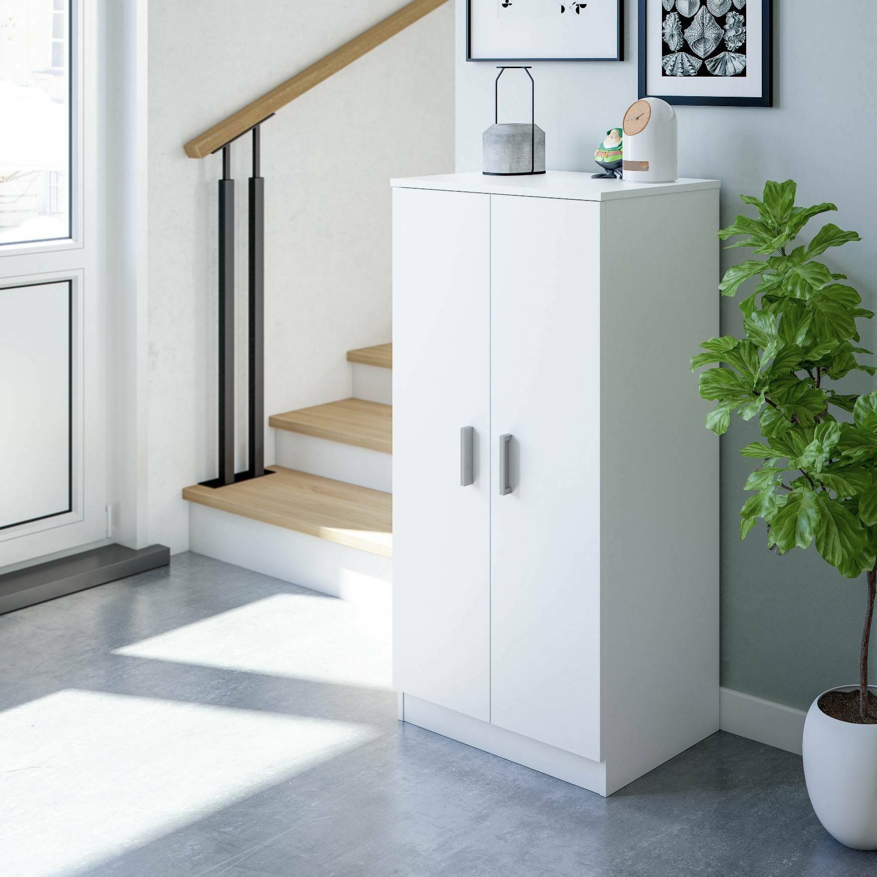 foto del prodotto armadio multiuso akimera, mobile ausiliario a 2 ante, mobile basso portascarpe con 6 ripiani, scarpiera moderna, cm 55x36h108, bianco
