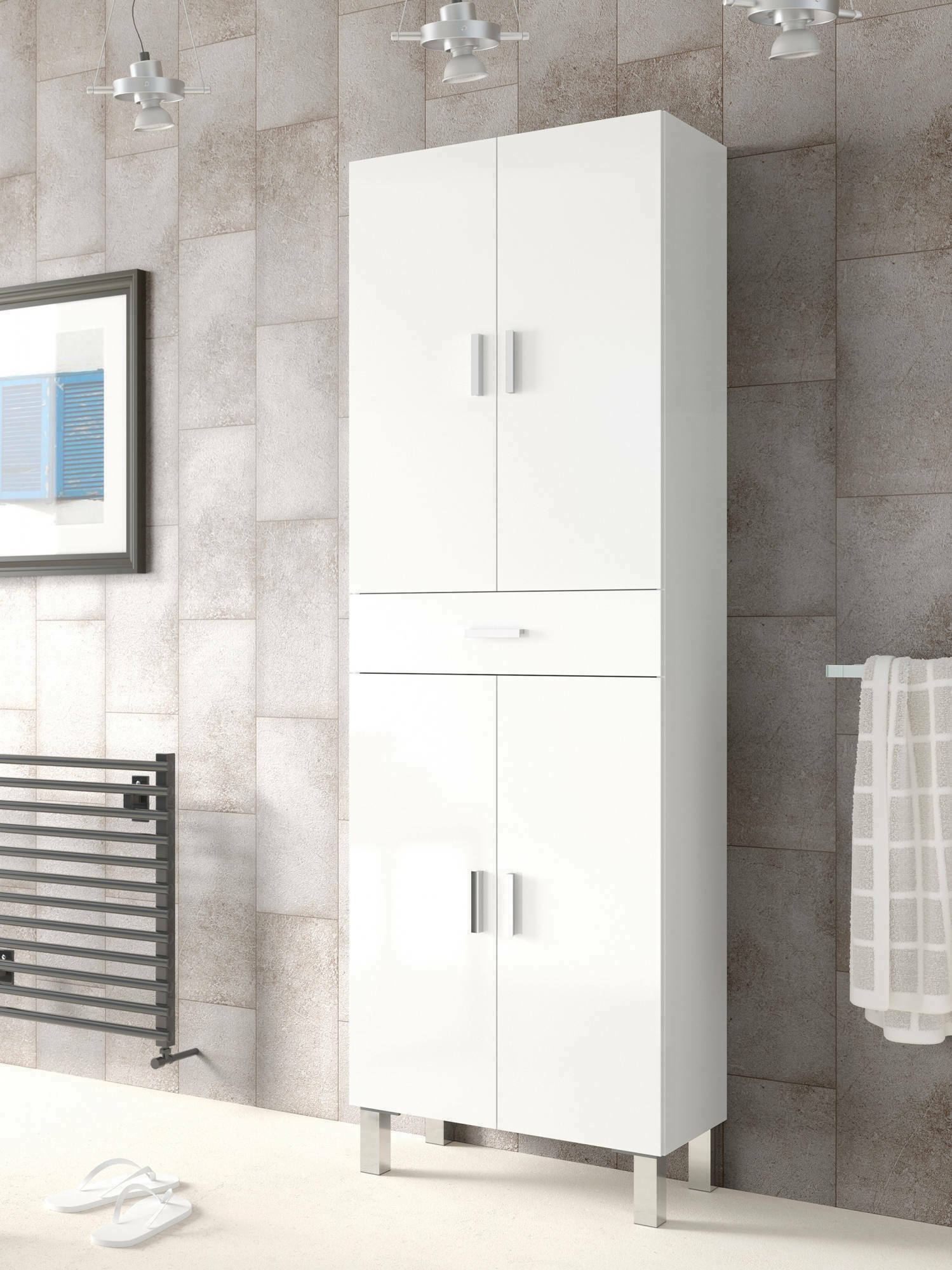 foto del prodotto armadio multiuso amiga, mobile per bagno o lavanderia a 4 ante e 1 cassetto, armadio multiuso portascarpe, cm 60x29h182, bianco lucido