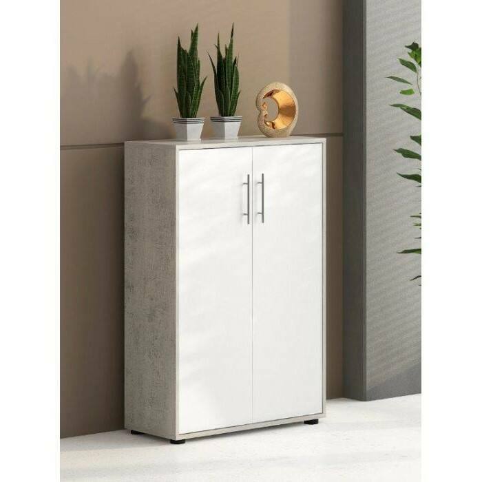 foto del prodotto armadio multiuso angie, mobile ausiliario con ripiani, armadio lineare, guardaroba portascarpe, portaoggetti, bianco e cemento, cm 79x34h118