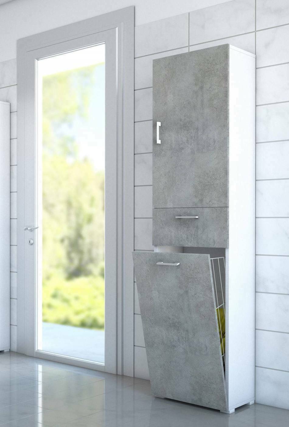 foto del prodotto armadio multiuso aryanne, mobile lavanderia lineare a 2 ante, colona da bagno con cestello potrabiancheria, made in italy, cm 45x32h195, cemento e bianco