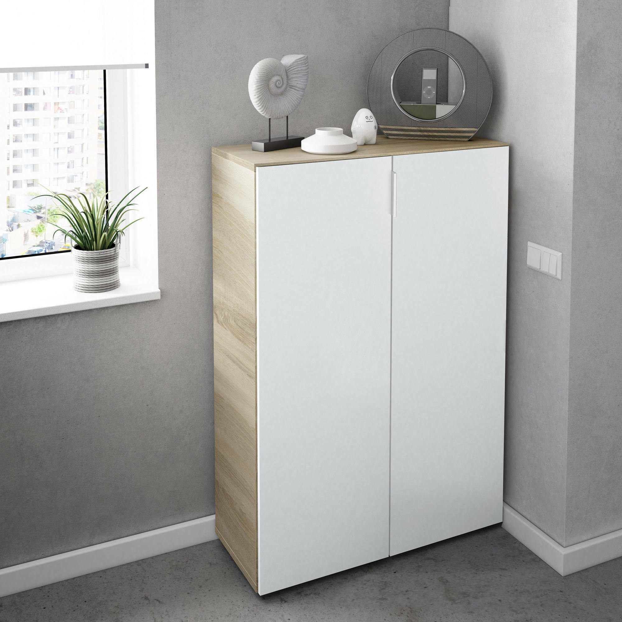 foto del prodotto armadio multiuso athenodora, mobile ausiliario a 2 ante, guardaroba basso portascarpe con 6 ripiani, scarpiera bassa, cm 70x36h103, rovere e bianco