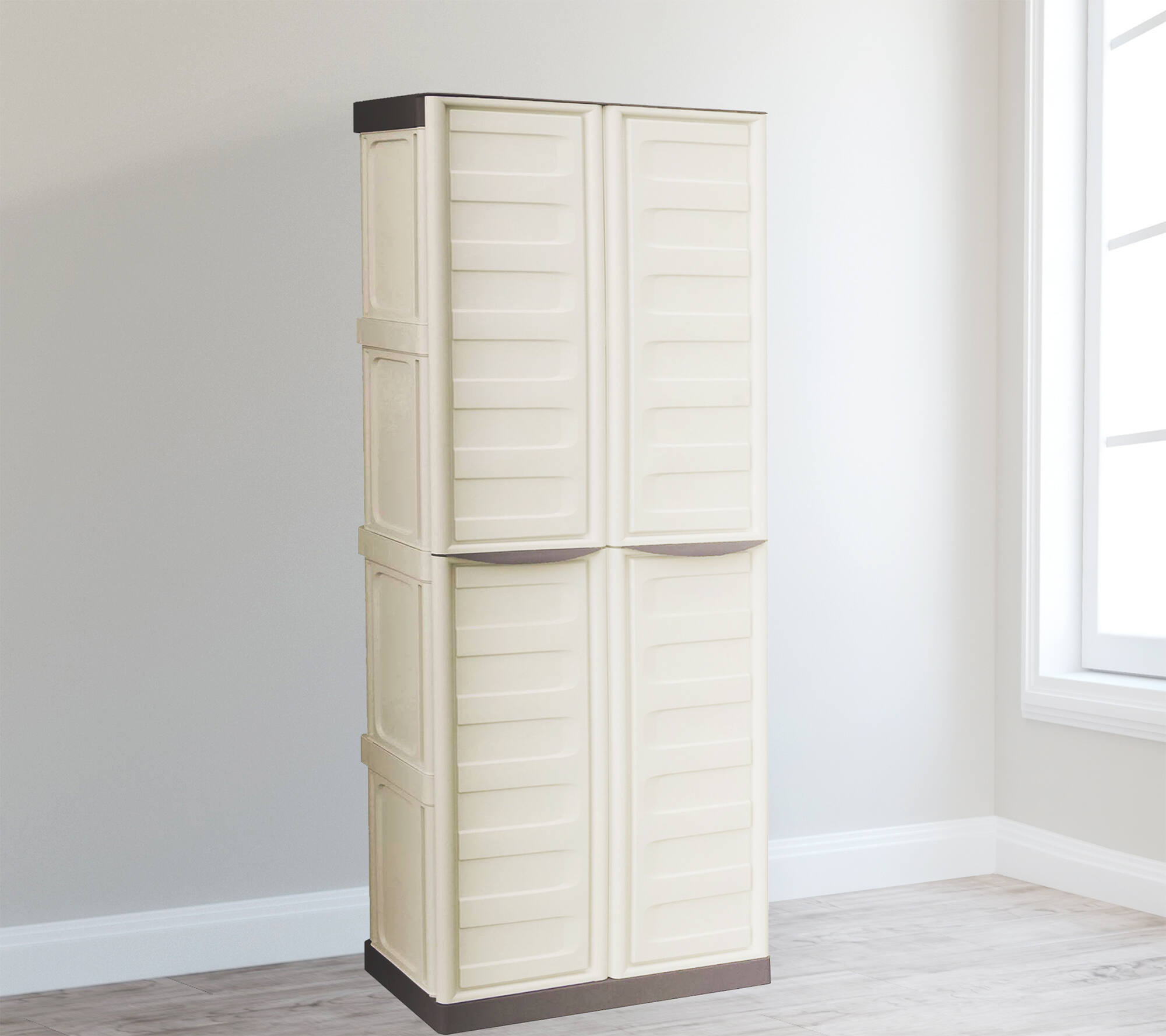 foto del prodotto armadio multiuso da esterno o adenina, mobile a 2 ante e 3 ripiani in polipropilene, 100 made in italy,cm 70x39h165, colore beige