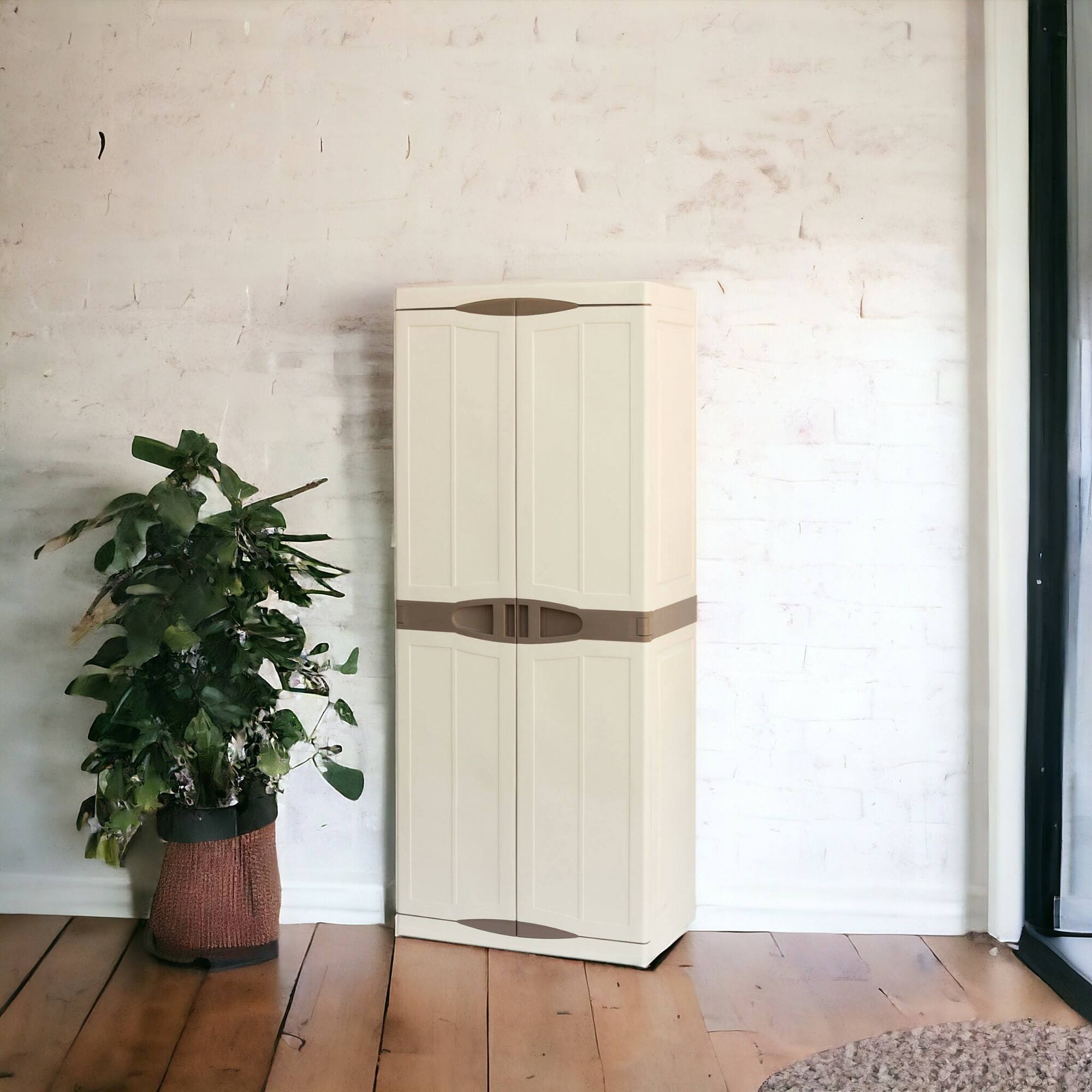 foto del prodotto armadio multiuso da esterno o adenina, mobile a 2 ante e 4 ripiani in polipropilene, 100 made in italy, cm 70x47h178, colore beige