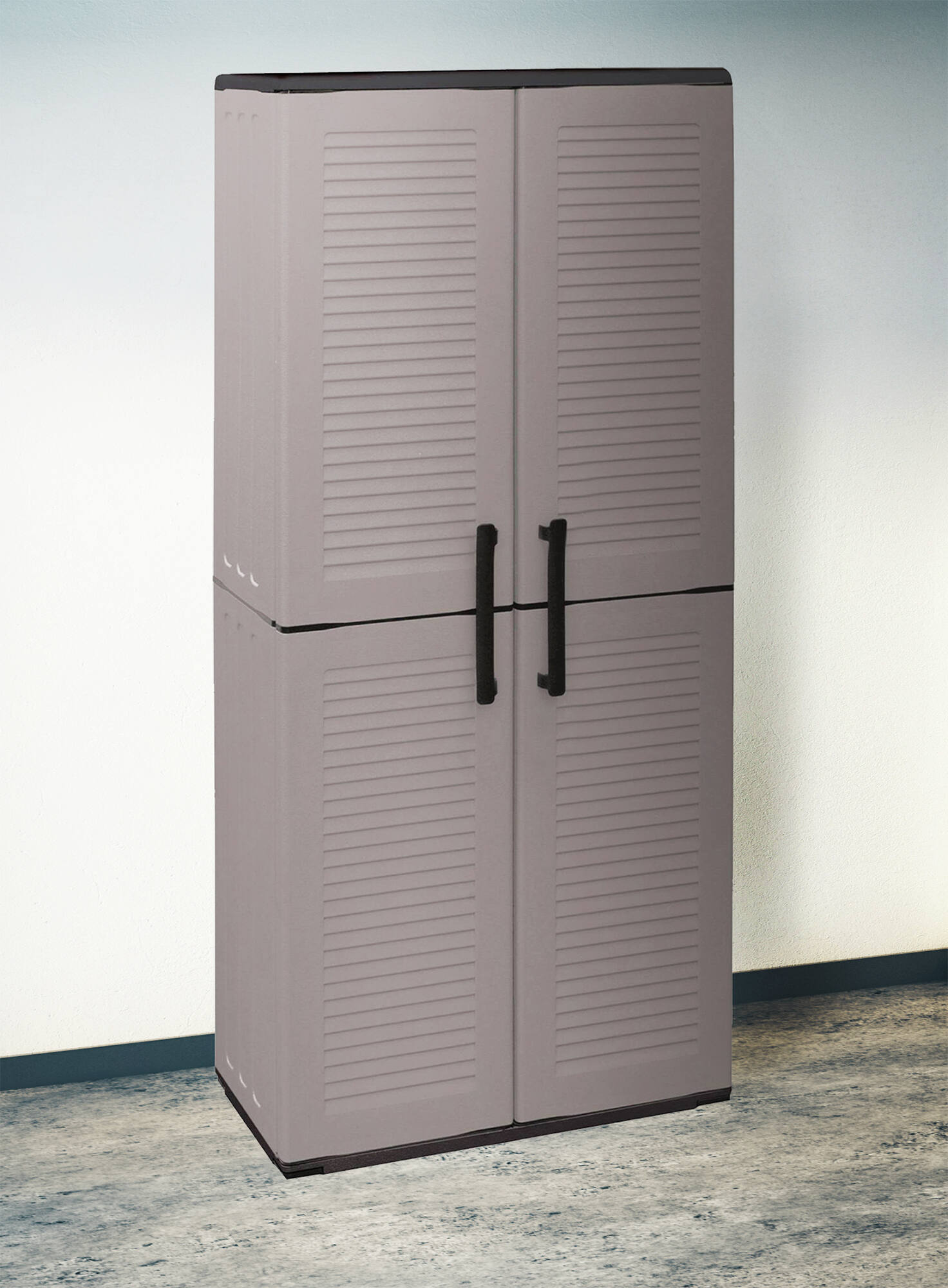 foto del prodotto armadio multiuso da esterno o akina, mobile a 2 ante e 3 ripiani regolabili in polipropilene, 100 made in italy, cm 68x37h163, colore grigio