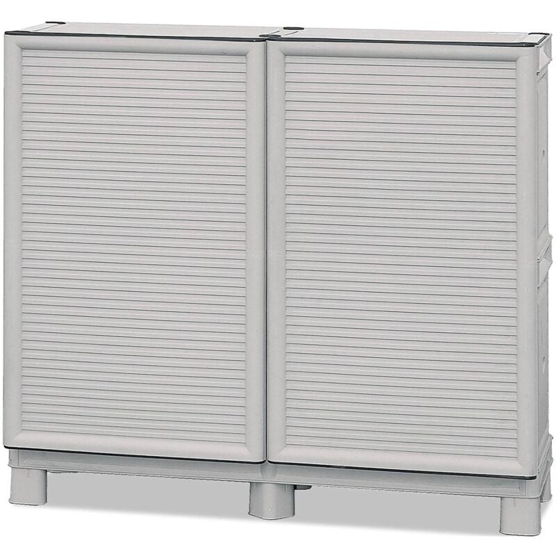 foto del prodotto armadio multiuso da esterno o interno, mobile a 2 ante e 1 ripiano in polipropilene, 100 made in italy, cm 100x39h92, colore grigio chiaro, con