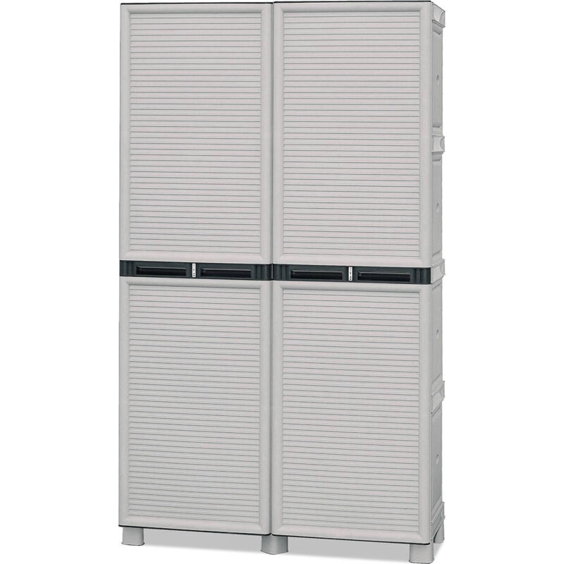 foto del prodotto armadio multiuso da esterno o interno, mobile a 2 ante e 3 ripiani in polipropilene, 100 made in italy, cm 100x39h172, colore grigio chiaro, con