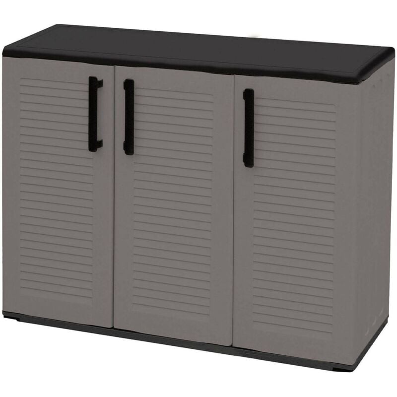 foto del prodotto armadio multiuso da esterno o interno, mobile a 3 ante e 1 ripiano in polipropilene, 100 made in italy, cm 102x37h84, colore grigio, con imballo
