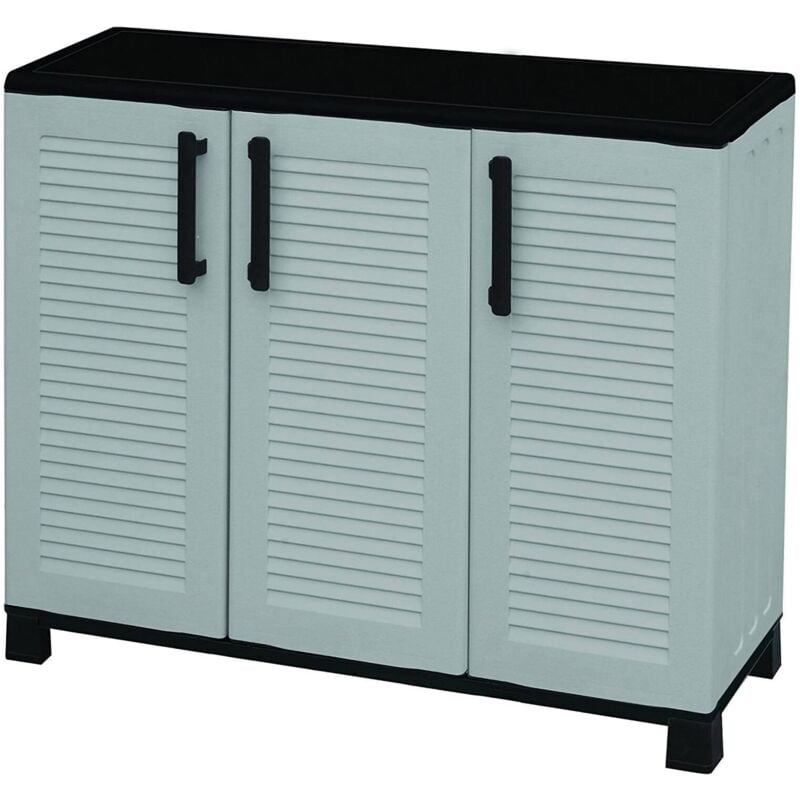 foto del prodotto armadio multiuso da esterno o interno, mobile a 3 ante e 1 ripiano in polipropilene, 100 made in italy, cm 102x37h90, colore grigio, con imballo