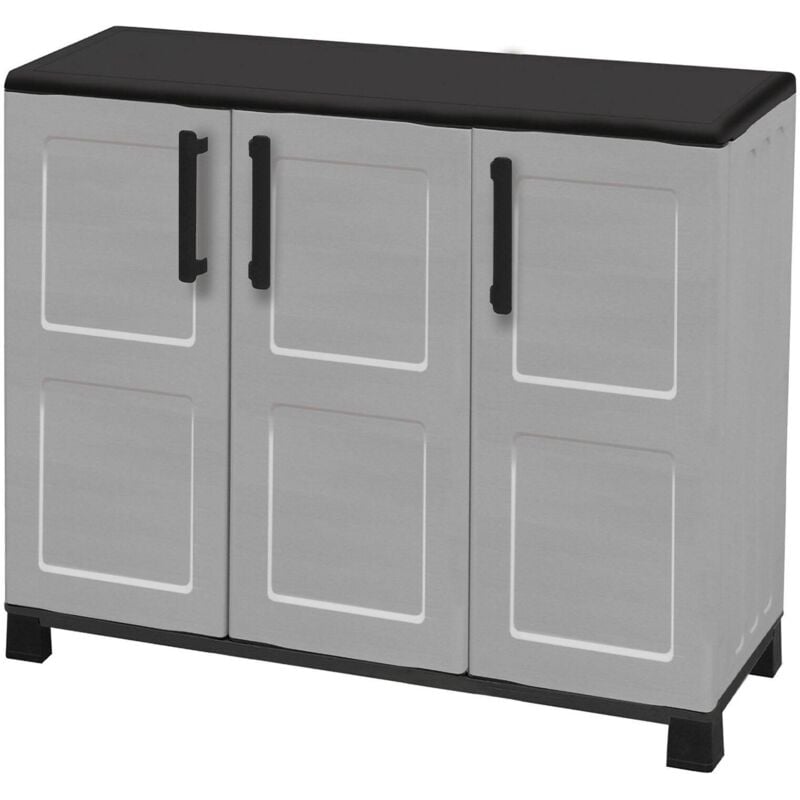 foto del prodotto armadio multiuso da esterno o interno, mobile a 3 ante e 1 ripiano in polipropilene, mobile 100 made in italy, cm 102x37h90, colore grigio chiaro,