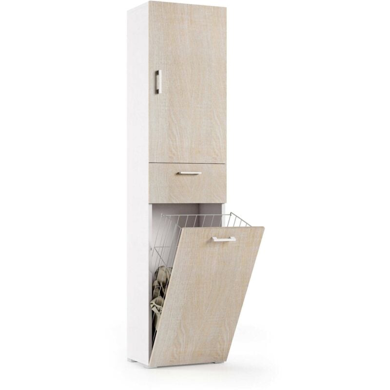 foto del prodotto armadio multiuso escolzia, mobile lavanderia lineare a 2 ante, colona da bagno con cestello portabiancheria, 100 made in italy, cm 45x32h195, rovere