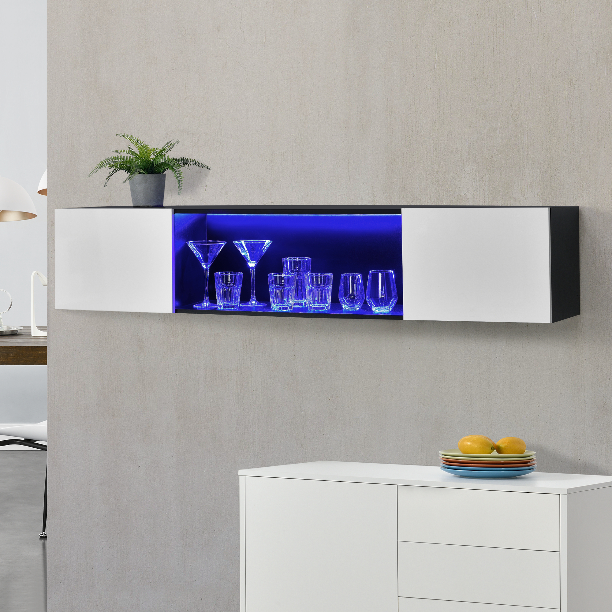 foto del prodotto armadio nero da parete con 2 ante bianche e 1 ripiano illuminato con led a luce blu 150 x 30 x 30 cm mobile consolle a