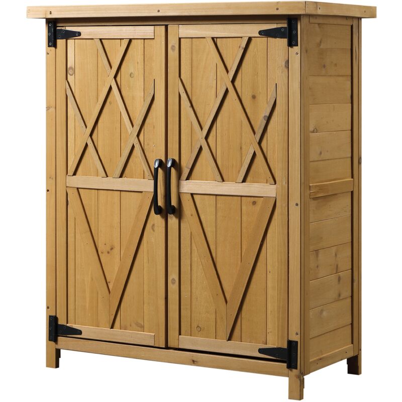 foto del prodotto armadio porta attrezzi da giardino in legno con 2 ante e 4 scaffali outsunny