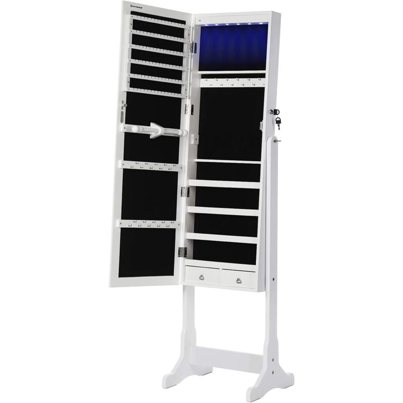 foto del prodotto armadio portagioie con luce a led, specchiera, armadietto per gioielli bloccabile con chiavi, 2 cassetti, bianco blanc