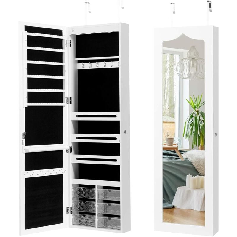 foto del prodotto armadio portagioie con specchio in legno armadietto portagioielli da porta con luci a led 120x36,5x10cm bianco goplus