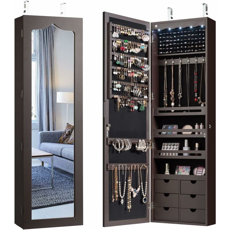 foto del prodotto armadio portagioie con specchio in legno armadietto portagioielli da porta con luci a led 120x36,5x10cm marrone goplus